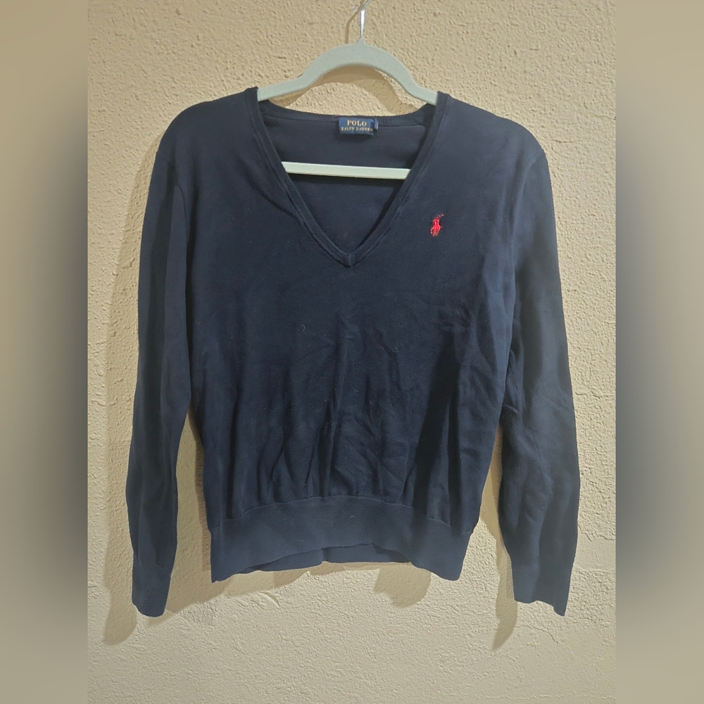 Polo Ralph Lauren Navy Sweater Vintage Women's V-Neck Pullover Pima Cotton, M